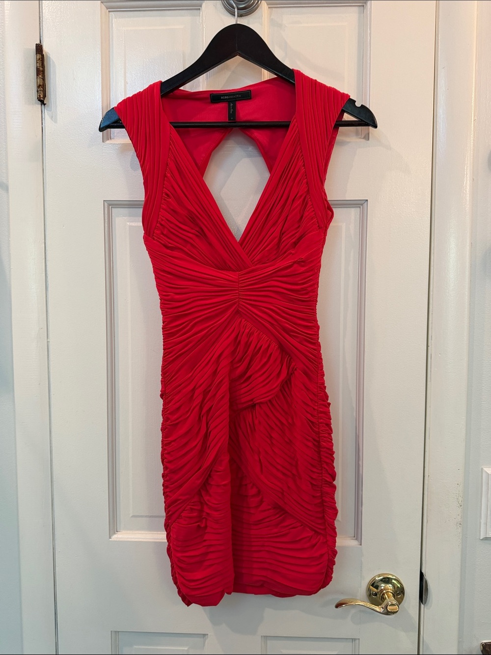 BCBGMaxAzria Red Ruched V-Neck Mini Dress S gorgeous on